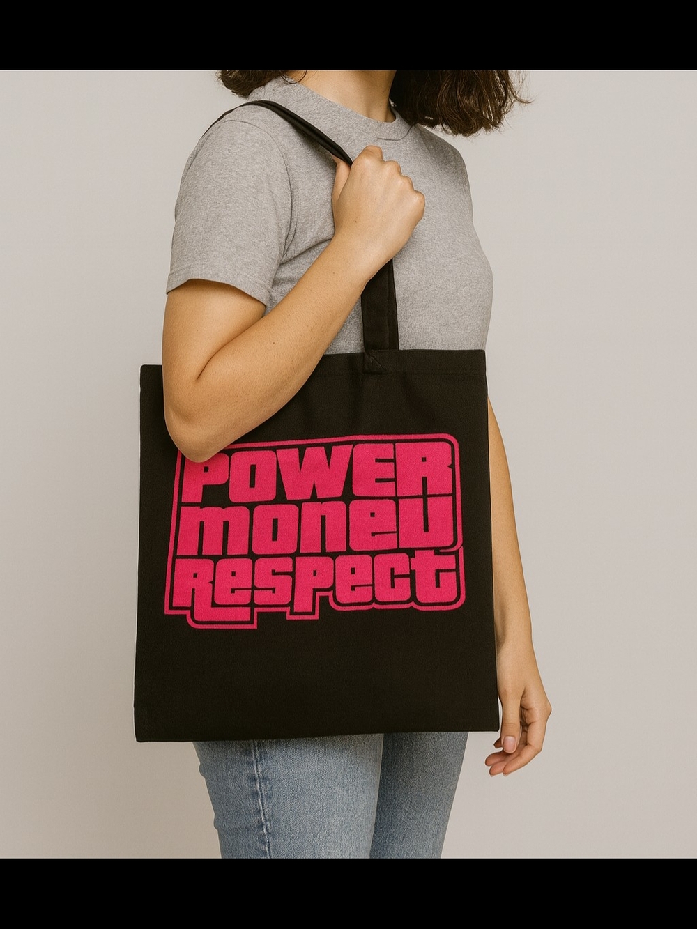 Black Tote Bag with Pink Power Money Respect Graphic